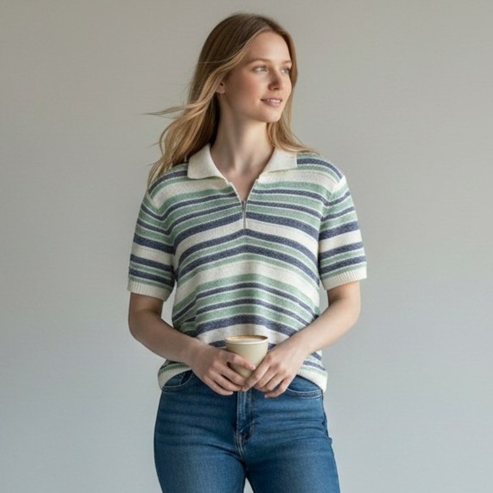 Alfred Dunner Vintage Medium Striped Quarter Zip Short Sleeve Knit Sweater Top